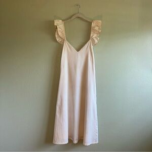 Cream Sleeveless Linen Midi Dress with Ruffle Straps